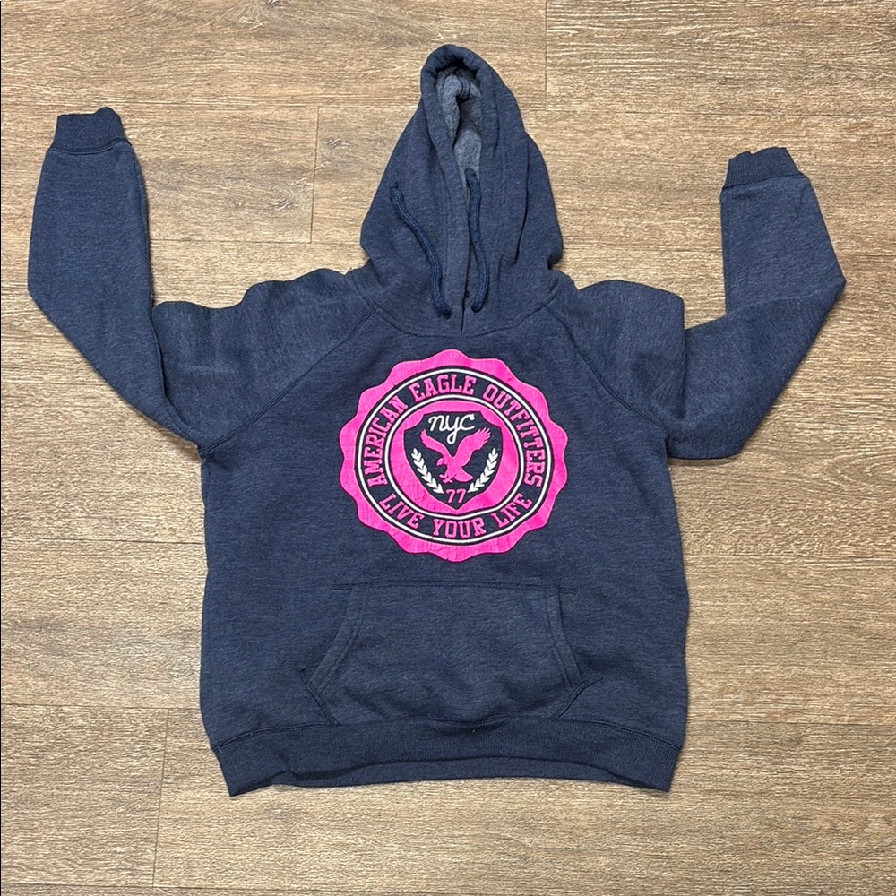 American Eagle Outfitters Navy Hoodie with Pink Emblem